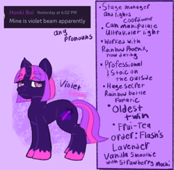 Size: 1699x1655 | Tagged: safe, artist:kiwiscribbles, screencap, oc, oc only, oc:violet beam, unicorn, horn, solo, text