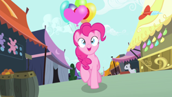 Size: 1280x720 | Tagged: safe, screencap, lucky clover, pinkie pie, earth pony, pony, g4, inspiration manifestation, season 4, animation error, balloon, balloon pop, barrels, cloud, duo, duo male and female, female, funfair, heart, heart balloon, male, mare, missing eyelashes, open mouth, open smile, ponyville, raised hoof, raised leg, sky, smiling, walking