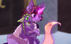 Size: 1280x800 | Tagged: safe, artist:castaspellliana, spike, twilight sparkle, alicorn, dragon, pony, g4, alternate universe, clothes, cute, duo, duo male and female, duskdawn au, female, glowing, glowing horn, hidden wings, holding a dragon, holding a spike, horn, levitation, magic, male, mare, scroll, shirt, smiling, spikabetes, story included, telekinesis, twiabetes, twilight sparkle (alicorn)