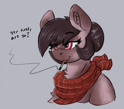 Size: 972x850 | Tagged: safe, artist:reddthebat, oc, oc only, oc:number nine, earth pony, pony, bust, chest fluff, cigarette, dialogue, eye clipping through hair, eyebrows, eyebrows visible through hair, female, lidd, mare, smoking, solo