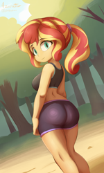 Size: 3000x5000 | Tagged: safe, artist:azuretto, sunset shimmer, human, equestria girls, g4, alternate hairstyle, ass, bare shoulders, bunset shimmer, butt, clothes, female, forest, forest background, high res, looking at you, looking back, looking back at you, nature, ponytail, shorts, sleeveless, smiling, smiling at you, solo, sports bra, sports shorts, tree