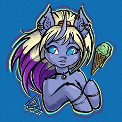 Size: 1617x1617 | Tagged: safe, artist:gigisarts, oc, oc only, oc:ro_xy, pony, unicorn, blue eyes, bust, ear piercing, female, food, horn, ice cream, nose piercing, piercing, portrait, solo