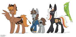 Size: 4191x2048 | Tagged: safe, artist:crashbrush, oc, oc only, oc:calamity, oc:littlepip, oc:pyrelight, oc:velvet remedy, balefire phoenix, bird, pegasus, phoenix, pony, unicorn, fallout equestria, chest fluff, clothes, colored wings, cowboy hat, ear fluff, feathered wings, folded wings, full body, gradient hooves, gradient wings, group, hat, horn, jumpsuit, levitation, looking at someone, looking at you, magic, pipbuck, quartet, simple background, smiling, telekinesis, three toned mane, vault suit, white background, wing gesture, wings