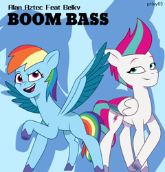 Size: 1194x1242 | Tagged: safe, artist:edy_january, artist:prixy05, editor:edy_january, rainbow dash, zipp storm, pegasus, pony, g4, g5, my little pony: tell your tale, alan aztec, album, album cover, album parody, belkv, blue background, duo, duo female, female, fit, g4 to g5, generation leap, hardbass, lidded eyes, link in description, music, simple background, slender, song, thin, youtube, youtube link, zipp and her heroine