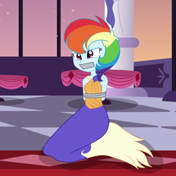 Size: 2000x2000 | Tagged: safe, artist:nie-martw-sie-o-mnie, part of a set, rainbow dash, human, equestria girls, g4, make new friends but keep discord, bondage, bound and gagged, clothes, dashsub, dress, female, femsub, gag, gala dress, kneeling, long dress, long skirt, skirt, solo, submissive, tape, tape bondage, tape gag