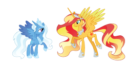 Size: 1742x928 | Tagged: safe, artist:dazzle, sunset shimmer, trixie, alicorn, g4, alicornified, alternate universe, crown, duo, duo female, female, flowing mane, gradient mane, gradient tail, height difference, hoof shoes, jewelry, mare, princess shoes, race swap, regalia, shimmercorn, simple background, tail, tall, transparent background, trixiecorn