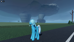 Size: 1858x1057 | Tagged: safe, trixie, pony, unicorn, g4, 3d, female, game screencap, horn, long legs, road, roblox, solo, tornado, tree, twisted (game), wrong eye color