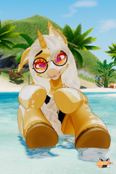 Size: 1024x1536 | Tagged: safe, artist:bonfirepng, oc, oc only, anthro, 3d, beach, bipedal, clothes, ear piercing, glasses, photo, piercing, solo, swimsuit, virtual reality, vrchat, water