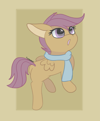 Size: 3233x3900 | Tagged: safe, artist:tkshoelace, scootaloo, pegasus, pony, g4, butt, clothes, eyelashes, female, filly, foal, folded wings, looking up, open mouth, plot, scarf, solo, wings