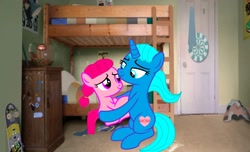 Size: 1916x1168 | Tagged: safe, artist:memeartboi, oc, earth pony, pony, unicorn, g4, affection, anais watterson, bed, bedroom, carrying, cuddling, cute, duo, duo female, earth pony oc, female, filly, foal, happy, heart, heartwarming, holding a pony, horn, hug, hugging a pony, little girl, mare, mother, mother and child, mother and daughter, motherly, motherly love, nicole watterson, ponified, smiling, the amazing world of gumball, unicorn oc, wholesome