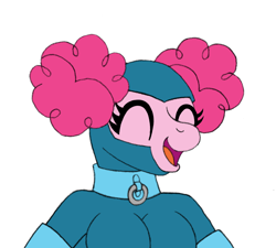 Size: 1496x1346 | Tagged: safe, artist:supra80, pinkie pie, earth pony, anthro, g4, afro puffs, alternate hairstyle, bodysuit, breasts, busty pinkie pie, catsuit, clothes, collar, evening gloves, eyes closed, female, gloves, hood, latex, latex gloves, latex suit, long gloves, open mouth, open smile, photoshop, pinktails pie, smiling, solo