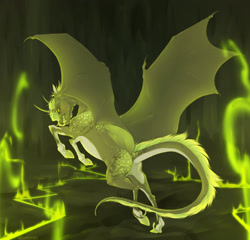 Size: 2048x1969 | Tagged: safe, artist:dementra369, oc, oc only, pony, bat wings, dewclaw, fangs, fire, frog (hoof), green fire, horn, looking at you, multiple horns, piercing, scales, solo, underhoof, wings