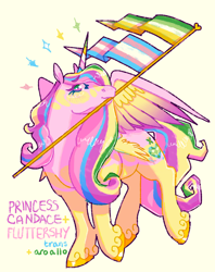 Size: 1584x2000 | Tagged: safe, artist:poniesart, alicorn, pony, g4, aroallo, aroallo pride flag, four wings, fusion, fusion:fluttershy, fusion:princess cadance, holding a flag, mouth hold, multiple wings, pride, pride flag, simple background, solo, transgender, transgender pride flag, wings, yellow background