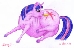 Size: 1200x782 | Tagged: safe, artist:soobel, twilight sparkle, pony, unicorn, g4, atg 2024, brushing, fat, female, horn, mare, newbie artist training grounds, obese, traditional art, twilard sparkle, unicorn twilight