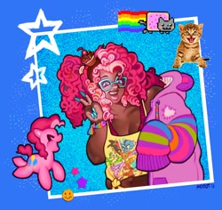 Size: 2002x1888 | Tagged: safe, artist:asimot2000, pinkie pie, earth pony, human, pony, g4, clothes, cupcake, curly hair, dark skin, eeveelution, food, glasses, hoodie, humanized, nyan cat, solo, tank top