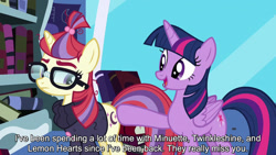 Size: 1280x720 | Tagged: safe, edit, edited screencap, editor:jaredking779, screencap, moondancer, twilight sparkle, alicorn, pony, unicorn, amending fences, g4, season 5, book, bookshelf, butt touch, caption, clothes, duo, duo female, female, folded wings, glasses, horn, mare, open mouth, smiling, sweater, text, twilight sparkle (alicorn), twilight's canterlot home, window, wings