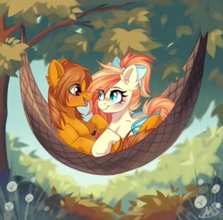 Size: 1746x1723 | Tagged: safe, artist:arllistar, oc, oc only, oc:sunshine drift, oc:zip circuit, blushing, bow, duo, duo male and female, ear fluff, eye clipping through hair, fangs, female, forest, hair bow, hammock, male, mare, nature, signature, smiling, stallion, tree, tree branch