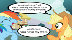 Size: 3265x1837 | Tagged: safe, artist:epicheavytf2, artist:pyrogaming, applejack, rainbow dash, earth pony, pegasus, pony, g4, absolutenutcase162, conversation, duo, duo female, eyes closed, eyes open, female, implied granny smith, mare, meme, open mouth, ponyville, shitposting, speech bubble, talking, text, wrong aspect ratio