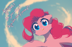 Size: 2000x1300 | Tagged: safe, artist:mirtash, pinkie pie, earth pony, pony, g4, cheek fluff, cloud, colored pupils, ear fluff, female, floppy ears, half body, looking at you, mare, offscreen character, open mouth, positive ponies, pov, sky, sky background, solo, talking to viewer, worried