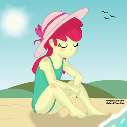 Size: 5500x5500 | Tagged: safe, artist:dtavs.exe, artist:dtcx97, color edit, edit, apple bloom, bird, human, seagull, equestria girls, g4, beach, clothes, colored, eyes closed, female, hat, one-piece swimsuit, sitting, smiling, solo, straw hat, sun, swimsuit, water, younger