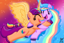 Size: 1800x1200 | Tagged: safe, artist:jesslmc16, izzy moonbow, sunny starscout, alicorn, earth pony, pony, unicorn, g5, cute, duo, duo female, eyes closed, female, floating, glowing, glowing horn, glowing wings, horn, hug, izzy rainbow, izzybetes, lesbian, mare, multicolored hair, race swap, rainbow hair, ship:moonscout, shipping, signature, smiling, sunnycorn, wings