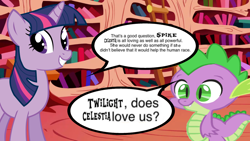 Size: 1280x720 | Tagged: safe, artist:epicheavytf2, artist:pyrogaming, spike, twilight sparkle, dragon, pony, unicorn, g4, conversation, duo, duo male and female, female, golden oaks library, horn, implied princess celestia, library, male, mare, meme, ponified meme, shitposting, smiling, speech bubble, text, unicorn twilight, wrong aspect ratio
