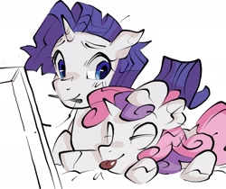 Size: 2359x1985 | Tagged: safe, artist:lound, rarity, sweetie belle, pony, unicorn, g4, blue eyes, blush lines, blushing, duo, duo female, eyebrows, eyebrows visible through hair, eyes closed, female, filly, foal, hoof on head, horn, looking at someone, lying down, mare, mouth hold, needle, nose blush, pink tail, prone, purple mane, purple tail, shiny eyes, siblings, simple background, sisters, smiling, tail, tongue out, two toned mane, unicorn horn, unshorn fetlocks, white background, white coat