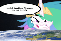 Size: 1470x980 | Tagged: safe, artist:epicheavytf2, artist:pyrogaming, princess celestia, alicorn, pony, g4, absolutenutcase162, angry, earth, evil smile, female, gritted teeth, mare, meme, messy mane, ponified meme, shitposting, smiling, snaplestia, solo, space, speech bubble, teeth, text, wrong aspect ratio