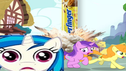 Size: 1280x720 | Tagged: safe, artist:epicheavytf2, artist:pyrogaming, amethyst star, carrot top, dj pon-3, golden harvest, sparkler, vinyl scratch, earth pony, pony, unicorn, g4, absolutenutcase162, background pony, butterfinger, conversation, explosion, female, horn, looking at you, looking back, mare, meme, open mouth, ponified meme, ponyville, running, running away, shitposting, smiling, wrong aspect ratio