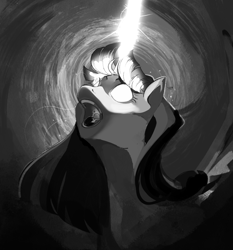 Size: 1317x1412 | Tagged: safe, artist:aztrial, twilight sparkle, pony, g4, bust, glowing, glowing eyes, glowing horn, grayscale, horn, magic, monochrome, portrait, solo