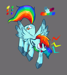 Size: 1429x1600 | Tagged: safe, artist:myosotis-secunda, rainbow dash, pegasus, pony, g4, 2022, alternate design, big eyes, blue coat, blue hooves, color palette, colored ear fluff, colored hooves, colored wings, colored wingtips, ear fluff, emanata, eyebrows, eyebrows visible through hair, facial markings, fangs, female, flying, gray background, hooves, mare, multicolored hair, multicolored mane, multicolored tail, open mouth, open smile, rainbow hair, rainbow tail, red eyes, shiny hooves, simple background, smiling, solo, speckled, splotches, tail, time-lapse included, two toned wings, unshorn fetlocks, wings