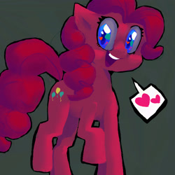 Size: 1920x1920 | Tagged: safe, artist:myosotis-secunda, pinkie pie, earth pony, pony, g4, 2022, big eyes, blue eyes, blue pupils, colored pupils, curly mane, curly tail, desaturated, eyelashes, female, gray background, heart, heart eyes, looking back, mare, open mouth, open smile, pink coat, pink mane, pink tail, raised hoof, raised leg, shiny eyes, simple background, smiling, solo, speech bubble, spoken heart, tail, teeth, wingding eyes