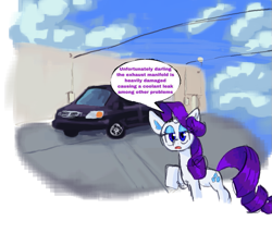 Size: 863x739 | Tagged: safe, artist:myosotis-secunda, rarity, pony, g4, 2022, big ears, blue eyes, blue eyeshadow, car, cloud, cloudy, colored pinnae, dialogue, eyelashes, eyeshadow, female, frown, horn, lidded eyes, looking at you, makeup, mare, offscreen character, open frown, outdoors, purple mane, purple tail, purple text, raised hoof, ringlets, shiny mane, shiny tail, solo, speech bubble, standing, tail, tall ears, text, unicorn horn, van, white coat