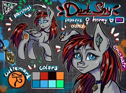 Size: 2700x2000 | Tagged: safe, artist:gigisarts, oc, oc only, oc:darkshy, pegasus, pony, blue eyes, choker, commission, ear piercing, piercing, red and black mane, red and black oc, reference sheet, tulpa