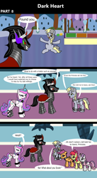 Size: 1920x3516 | Tagged: safe, artist:platinumdrop, apple bloom, derpy hooves, king sombra, princess flurry heart, scootaloo, sweetie belle, alicorn, earth pony, pegasus, pony, unicorn, comic:dark heart, g4, 3 panel comic, abuse, alternate timeline, applebuse, armor, avoiding eye contact, bound wings, bread, carrot, carrot dog, chains, collar, comic, commission, crumbs, crying, crystal, crystal castle, crystal empire, cuffed, cuffs, curved horn, cutie mark crusaders, dark crystal, dark magic, derpybuse, dialogue, drop, evil flurry heart, female, flurry heart is amused, folded wings, food, frantic, horn, husband and wife, indoors, lie, looking at each other, looking at someone, looking away, looking down, magic, male, mare, messy eating, mustard, nervous, older, older apple bloom, older cmc, older derpy hooves, older flurry heart, older scootaloo, older sweetie belle, sad, sauce, scootabuse, shackles, ship:flurrybra, shipping, sitting, slave, slave collar, smiling, smug, smug smile, speech bubble, spiked collar, spiked wristband, stallion, straight, sweetiebuse, teary eyes, this will not end well, throne room, uncomfortable, victorious villain, wall of tags, wing cuffs, wings, wristband