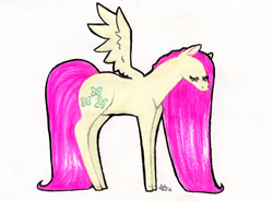 Size: 2856x2100 | Tagged: safe, artist:sararose, fluttershy, pegasus, pony, g4, eyes closed, female, full body, mare, solo, spread wings, standing, traditional art, wings