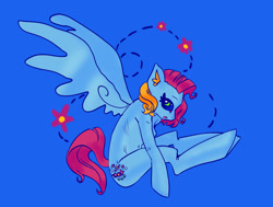 Size: 1958x1484 | Tagged: safe, artist:myosotis-secunda, thistle whistle, pegasus, anthro, unguligrade anthro, g3, 2023, belly button, blue background, blue coat, blue sclera, colored pinnae, colored sclera, eyelashes, female, flower, green eyes, mare, open mouth, pink tail, profile, raised hooves, requested art, simple background, sitting, solo, spread wings, tail, thin, two toned mane, wingding eyes, wings