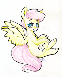 Size: 2292x2853 | Tagged: safe, artist:neuroticpony, artist:sararose, fluttershy, oc, oc only, pegasus, pony, g4, beanbrows, blushing, butterscotch, cheek swirl, colored pencil drawing, eyebrows, full body, male, not fluttershy, rule 63, simple background, smiling, solo, spread wings, stallion, traditional art, white background, wings, wrong cutie mark