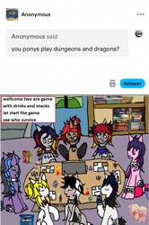 Size: 1179x1778 | Tagged: safe, artist:ask-luciavampire, oc, bat pony, earth pony, pegasus, pony, undead, unicorn, vampire, vampony, ask, dice, drink, dungeons and dragons, horn, pen and paper rpg, rpg, snacks, tumblr