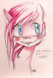 Size: 500x731 | Tagged: safe, artist:sararose, pinkie pie, earth pony, pony, g4, bust, pinkamena diane pie, smiling, solo, traditional art, watercolor painting