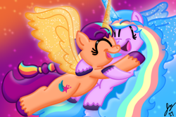 Size: 1800x1200 | Tagged: safe, artist:jesslmc16, izzy moonbow, sunny starscout, alicorn, earth pony, unicorn, g5, alicorn izzy, alicornified, alternate universe, cute, duo, duo female, eyes closed, female, floating, glowing, glowing horn, glowing wings, headcanon, horn, hug, izzy rainbow, izzybetes, izzycorn, lesbian, looking at each other, looking at someone, mane stripe izzy, mane stripe sunny, mare, multicolored hair, multicolored mane, multicolored tail, open mouth, race swap, ship:moonscout, shipping, signature, smiling, smiling at each other, sunnycorn, tail, wings