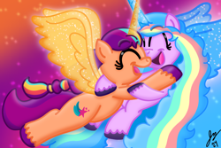 Size: 1800x1200 | Tagged: safe, artist:jesslmc16, izzy moonbow, sunny starscout, alicorn, earth pony, unicorn, g5, alicorn izzy, alicornified, alternate universe, cute, duo, duo female, eyes closed, female, floating, glowing, glowing horn, glowing wings, headcanon, horn, hug, izzy rainbow, izzybetes, izzycorn, lesbian, looking at each other, looking at someone, mane stripe sunny, mare, multicolored hair, multicolored mane, multicolored tail, open mouth, race swap, ship:moonscout, shipping, signature, smiling, smiling at each other, sunnycorn, tail, wings