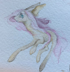 Size: 2416x2482 | Tagged: safe, artist:mint-and-cinnamon, fluttershy, bat pony, pegasus, pony, g4, bat ponified, female, flutterbat, mare, race swap, solo, traditional art, watercolor painting