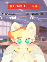 Size: 4096x5461 | Tagged: safe, artist:sodapop sprays, oc, oc only, oc:sodapop sprays, pegasus, pony, blushing, chest fluff, ear fluff, fingers together, freckles, looking at you, meme, solo, trade offer, trade offer meme, wingding eyes