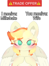 Size: 1525x2050 | Tagged: safe, artist:sodapop sprays, oc, oc only, oc:sodapop sprays, pegasus, pony, blushing, chest fluff, ear fluff, fingers together, freckles, looking at you, meme, simple background, solo, trade offer, trade offer meme, transparent background, wingding eyes
