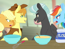 Size: 2048x1536 | Tagged: safe, artist:whalepornoz, applejack, braeburn, rainbow dash, thunderlane, earth pony, pegasus, pony, g4, angry, baking, bowl, clothes, female, flour, group, hat, male, mare, quartet, stallion, whisk