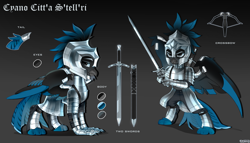 Size: 2980x1700 | Tagged: safe, artist:zlatavector, oc, oc only, oc:cyano citt'a s'tell'ri, griffon, armor, commission, gradient background, griffon oc, male, reference sheet, solo, sword, weapon