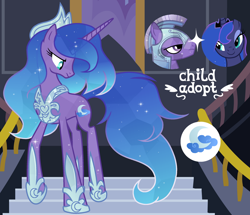 Size: 1280x1100 | Tagged: safe, artist:vi45, princess luna, oc, pony, unicorn, g4, armor, concave belly, crown, crystal guard, crystal guard armor, female, hoof shoes, horn, jewelry, long horn, long legs, mare, not radiant hope, offspring, parent:amethyst stone, parent:crystal guard, parent:princess luna, parents:amethystluna, parents:guardluna, princess shoes, regalia, slender, tall, thin
