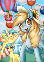 Size: 3780x5310 | Tagged: safe, artist:floralshitpost, oc, oc only, oc:fair flyer, oc:matinee, oc:morning mimosa, oc:soiree, earth pony, pegasus, pony, mare fair, carnival, ferris wheel, flying, glasses, halftone, heart, heart eyes, hot air balloon, lidded eyes, open mouth, spread wings, tent, wingding eyes, wingdings, wings