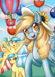 Size: 3780x5310 | Tagged: safe, artist:floralshitpost, oc, oc only, oc:fair flyer, oc:matinee, oc:morning mimosa, oc:soiree, earth pony, pegasus, pony, mare fair, carnival, ferris wheel, flying, glasses, halftone, heart, heart eyes, hot air balloon, lidded eyes, missing braces, open mouth, spread wings, tent, wingding eyes, wingdings, wings